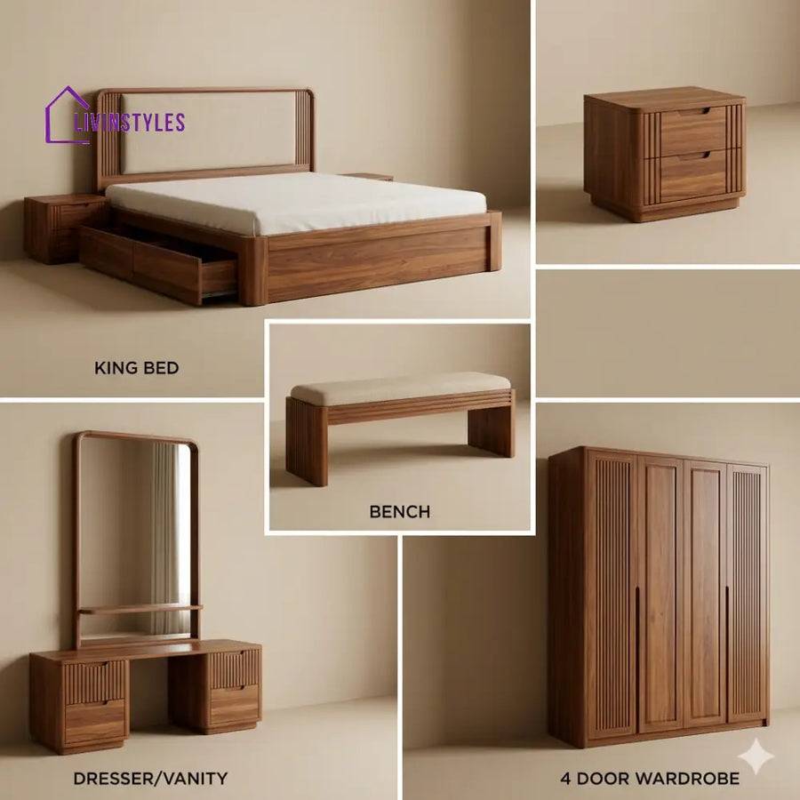 Palak Solid Sheesham Wood Bedroom Set with Bed Bedside Tables Bench Wardrobe & Dresser