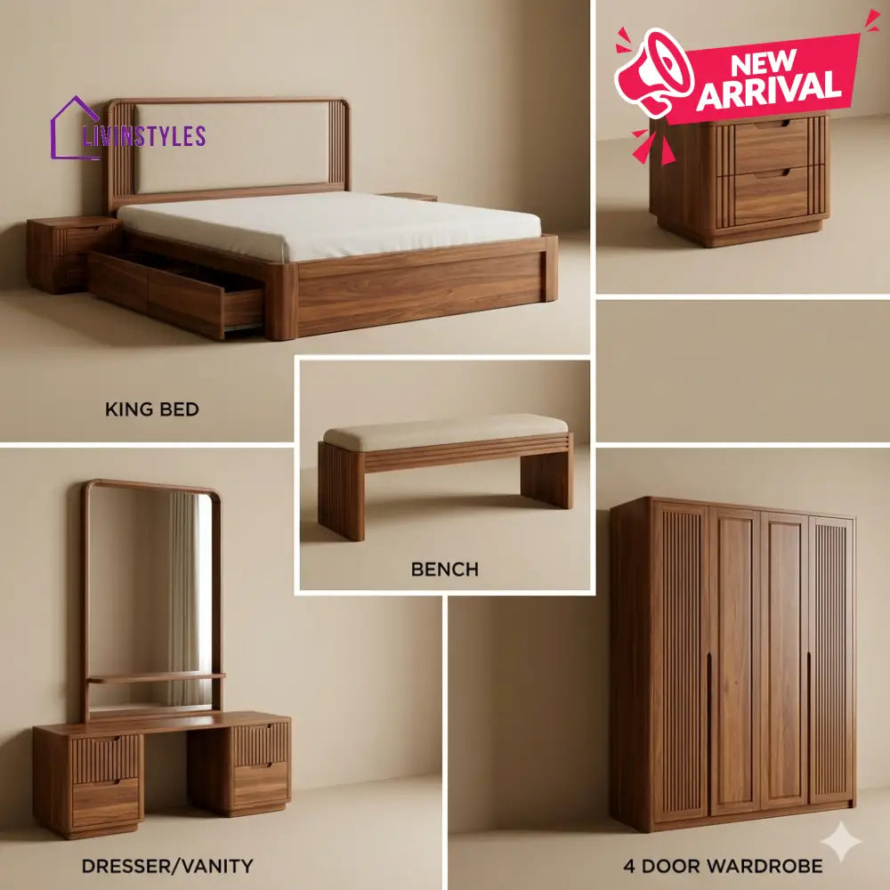 Palak Solid Sheesham Wood Bedroom Set with Bed Bedside Tables Bench Wardrobe & Dresser