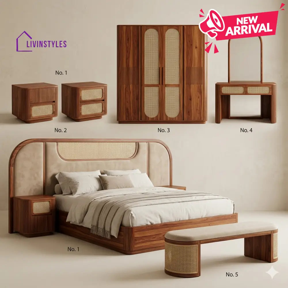 Palak Solid Sheesham Wood Bedroom Set with Bed Bedside Tables Bench Wardrobe & Dresser
