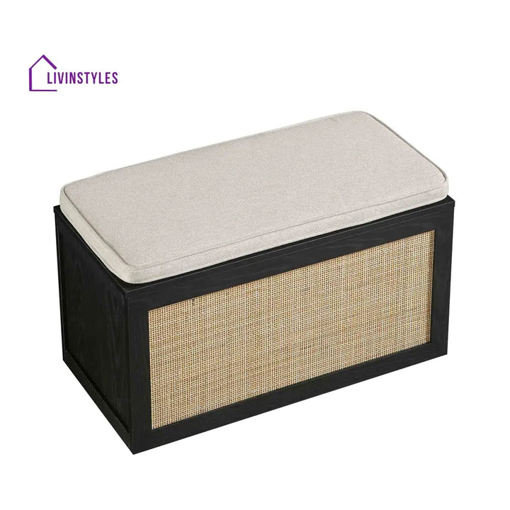 Frances Woven Rattan Double Storage Stool with Cushion Black Cabinets & Chests