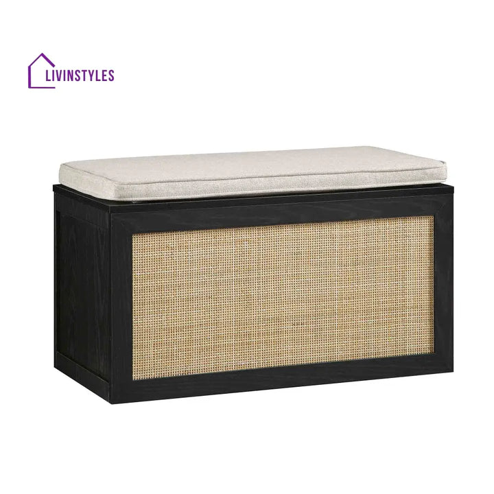 Frances Woven Rattan Double Storage Stool with Cushion Black Cabinets & Chests