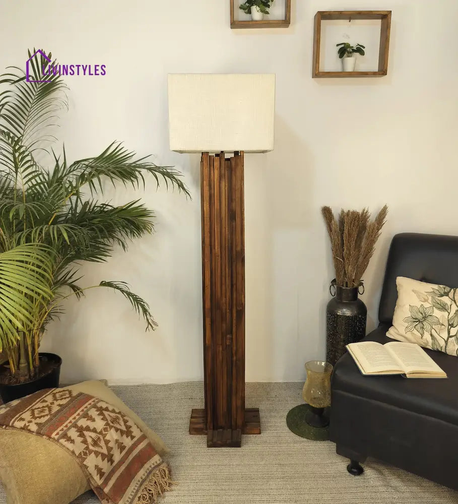 Palisade Wooden Floor Lamp With Brown Base And Beige Fabric Lampshade Lamps