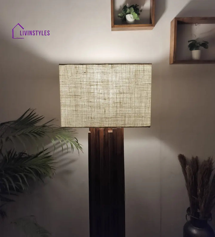 Palisade Wooden Floor Lamp With Brown Base And Beige Fabric Lampshade Lamps