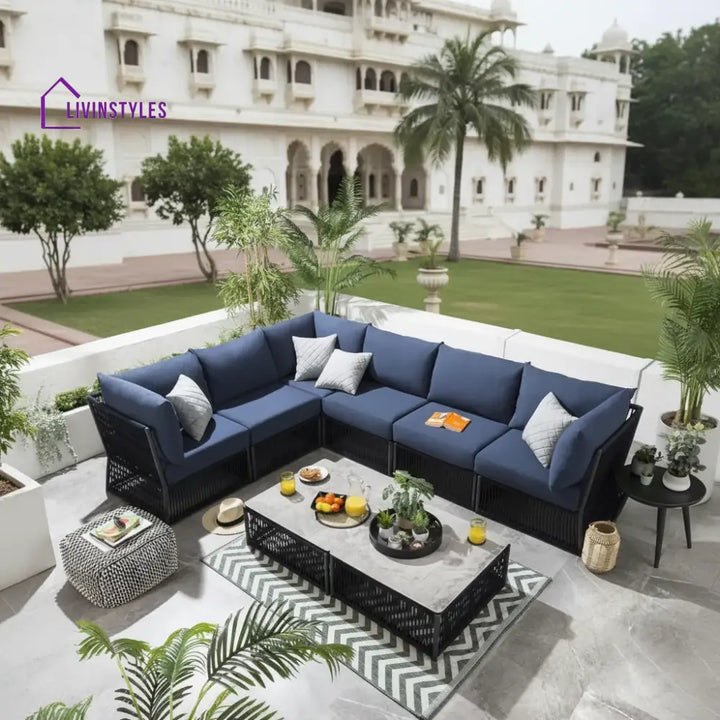 Pallavi Outdoor Sofa Set 6 Seater And 1 Center Table (Blue) Braided & Rope