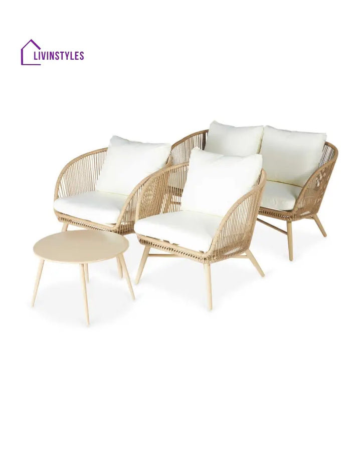 Palmer Outdoor Garden Balcony Sofa Set 2 Seater 2 Single seater and 1 Center Table Set (White + Tan) - Sofa Sets