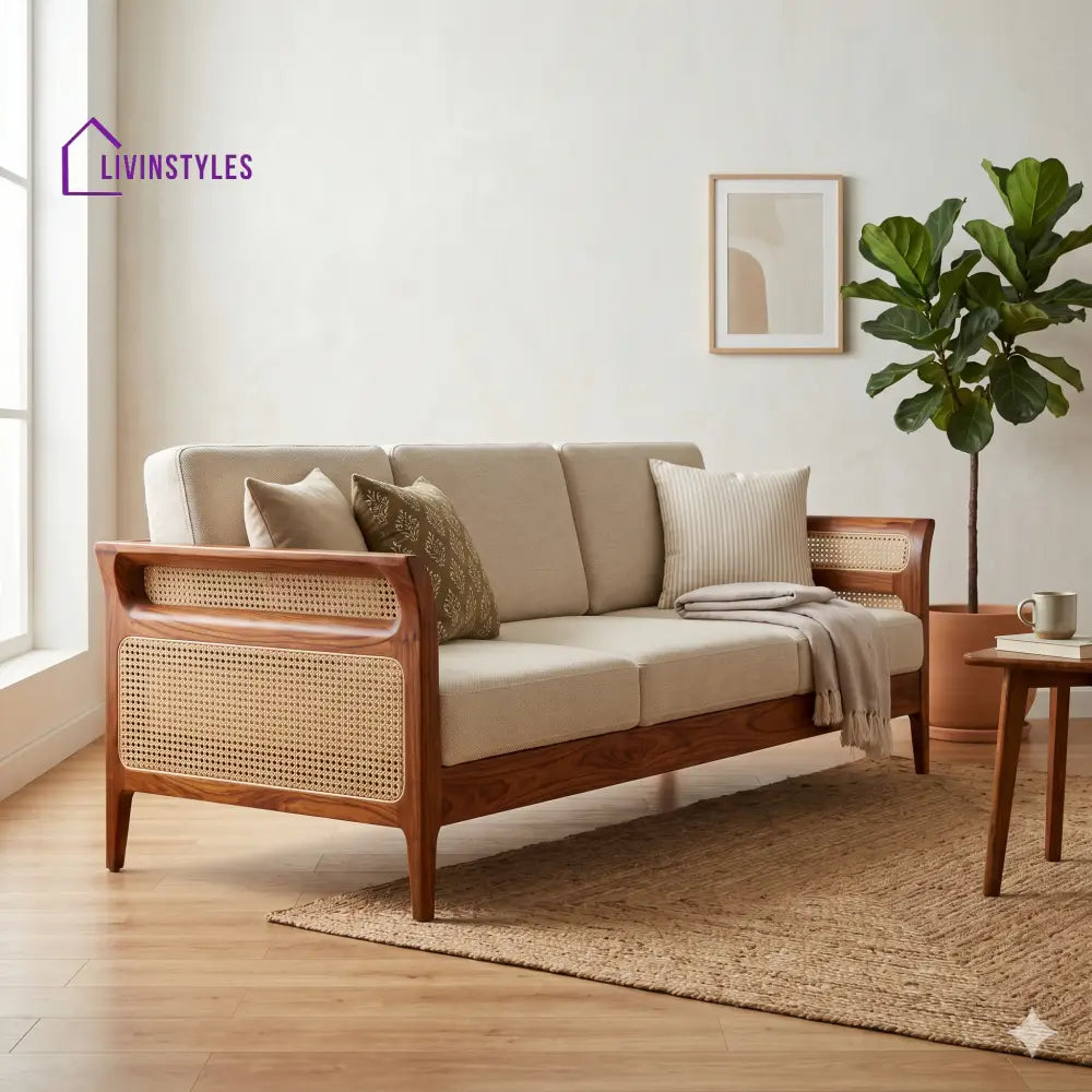 Pari Sheesham Wood and Cane Sofa for Living Room