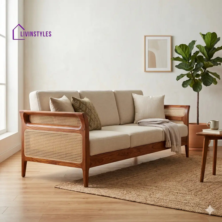 Pari Sheesham Wood and Cane Sofa for Living Room