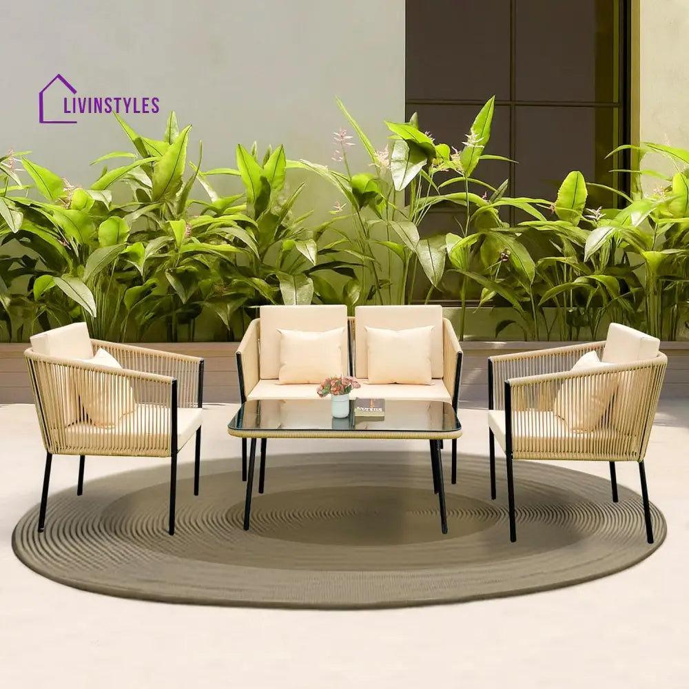 Parna Outdoor Garden Balcony Sofa Set 2 Seater 2 Single Seater 1 Center Table Set Braided and Rope - Beige - Sofa Sets
