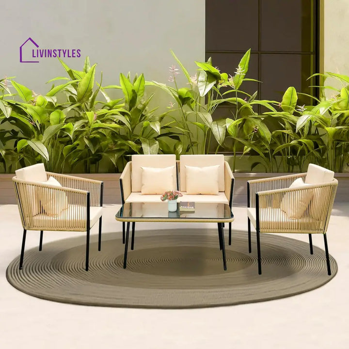Parna Outdoor Garden Balcony Sofa Set 2 Seater 2 Single Seater 1 Center Table Set Braided and Rope - Beige - Sofa Sets