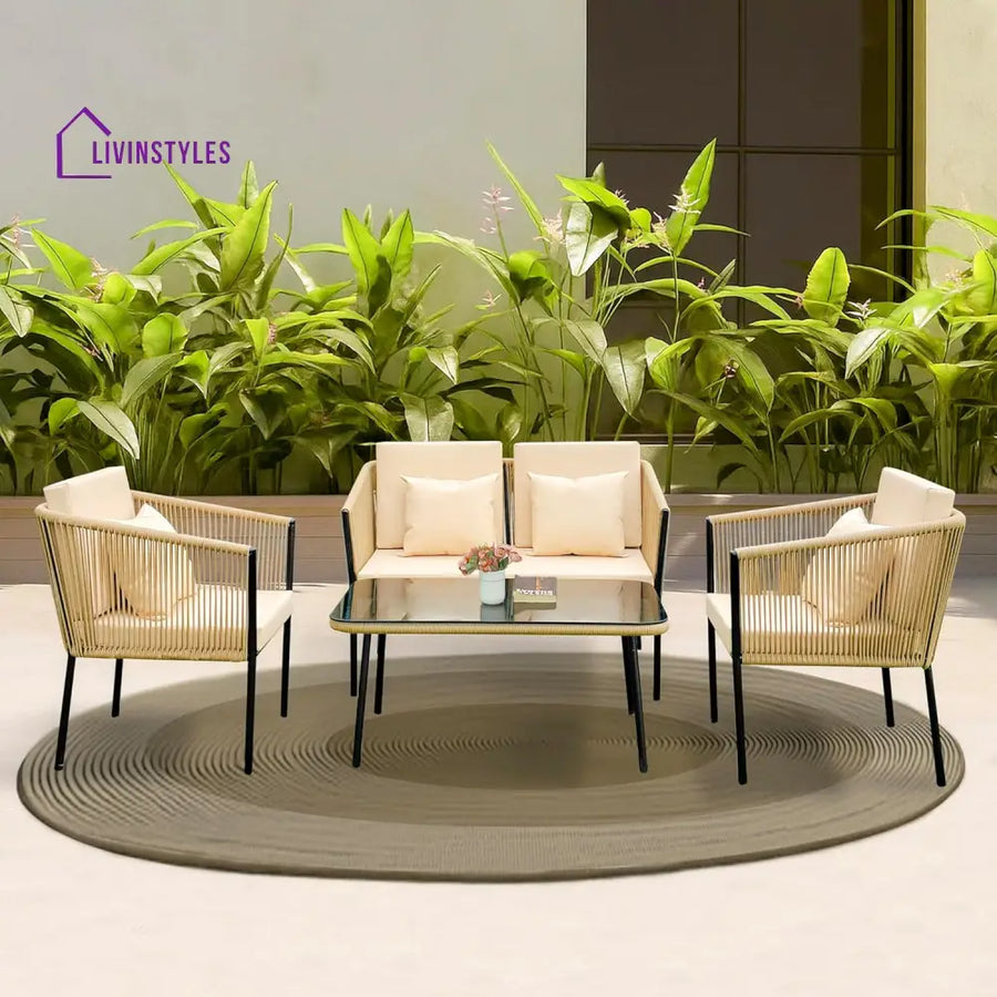 Parna Outdoor Garden Balcony Sofa Set 2 Seater 2 Single Seater 1 Center Table Set Braided and Rope - Beige - Sofa Sets