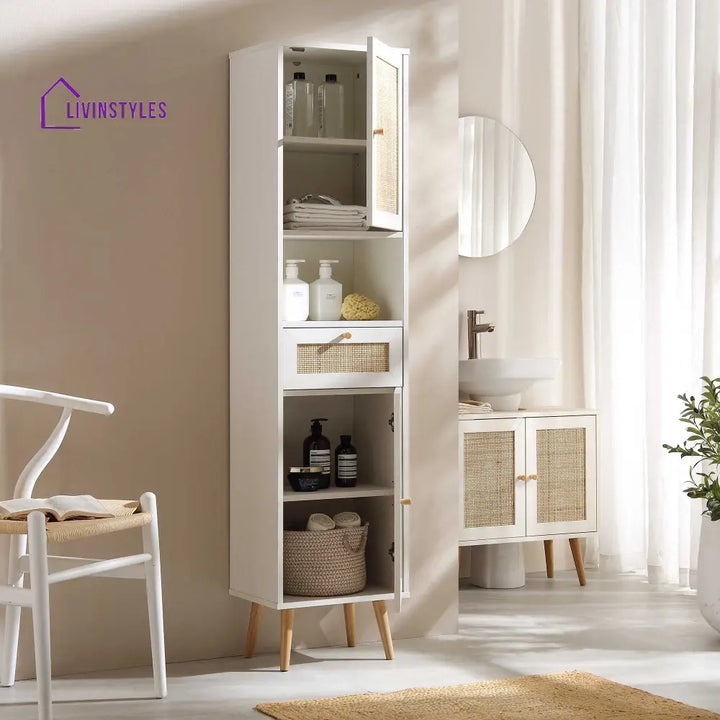 Frances Woven Rattan Tallboy Bathroom Unit White Bathroom Cabinets