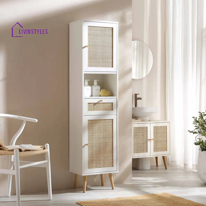 Frances Woven Rattan Tallboy Bathroom Unit White Bathroom Cabinets