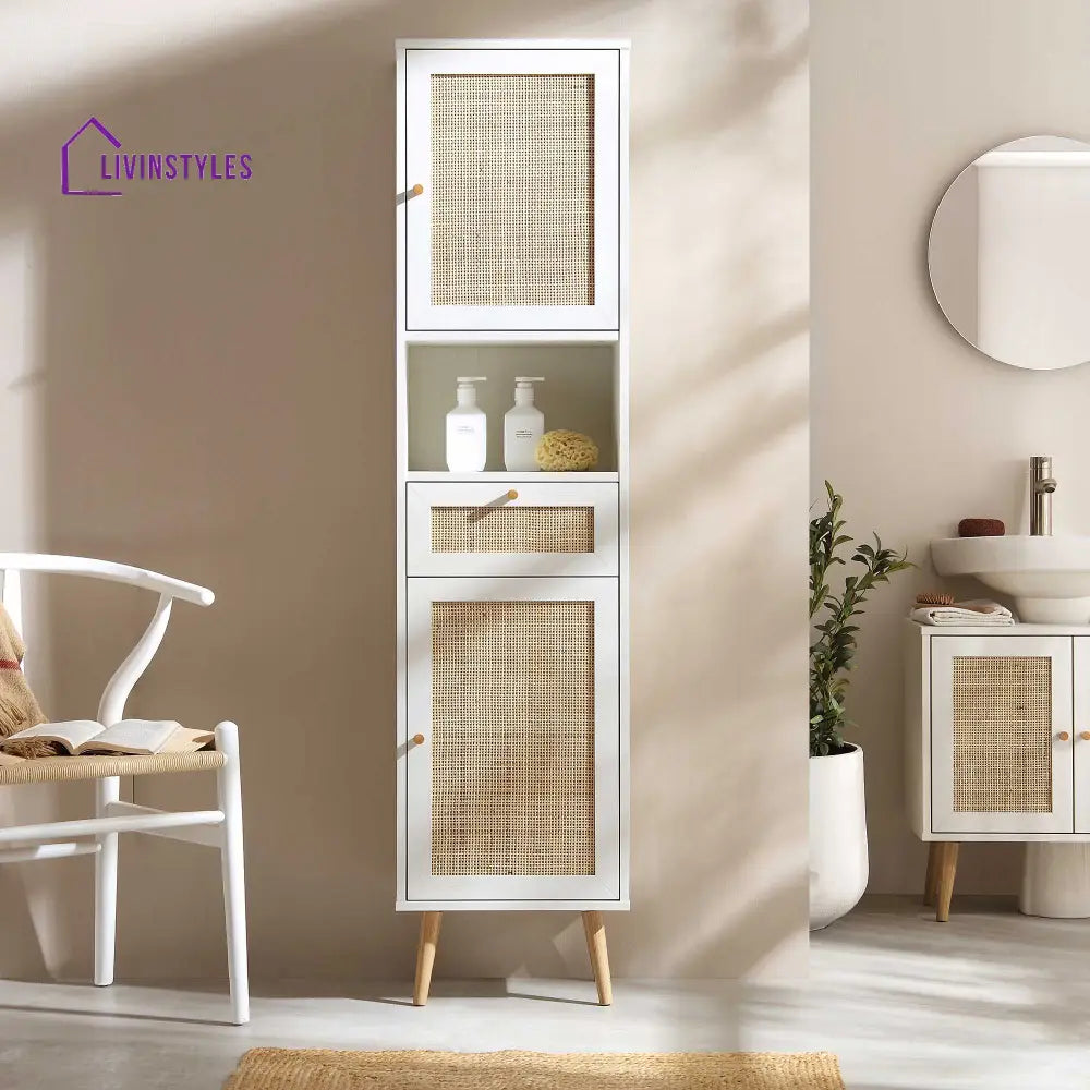 Frances Woven Rattan Tallboy Bathroom Unit White Bathroom Cabinets