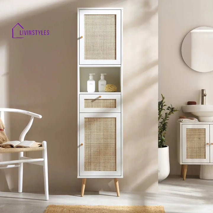 Frances Woven Rattan Tallboy Bathroom Unit White Bathroom Cabinets