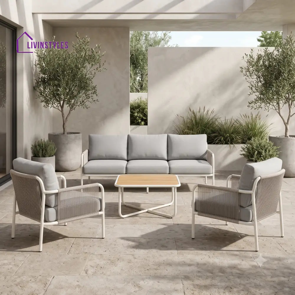 Pascaline Metal Frame and Rope Weaving Outdoor Sofa Set 3 + 1 +1 and Coffee Table | Premium Uphostery