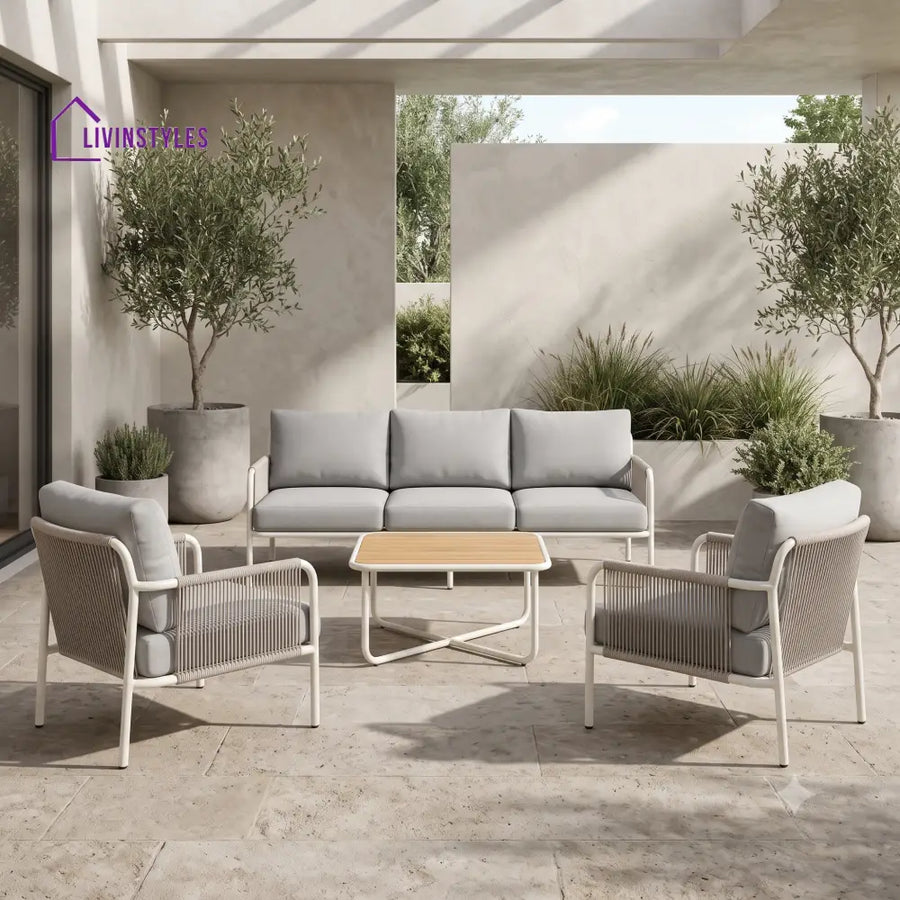 Pascaline Metal Frame and Rope Weaving Outdoor Sofa Set 3 + 1 +1 and Coffee Table | Premium Uphostery