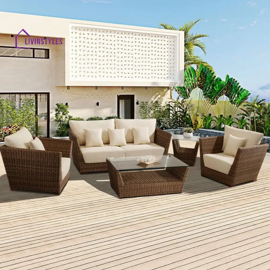Patricia 5-Piece Outdoor Wicker Sofa Set With 2-Tier Glass Top Tables - Sofa Set