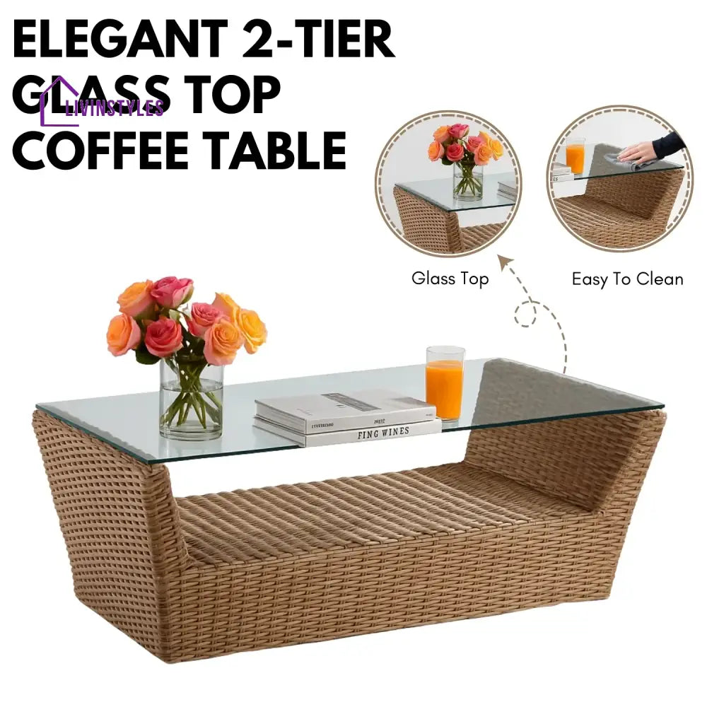 Patricia 5-Piece Outdoor Wicker Sofa Set With 2-Tier Glass Top Tables - Sofa Set