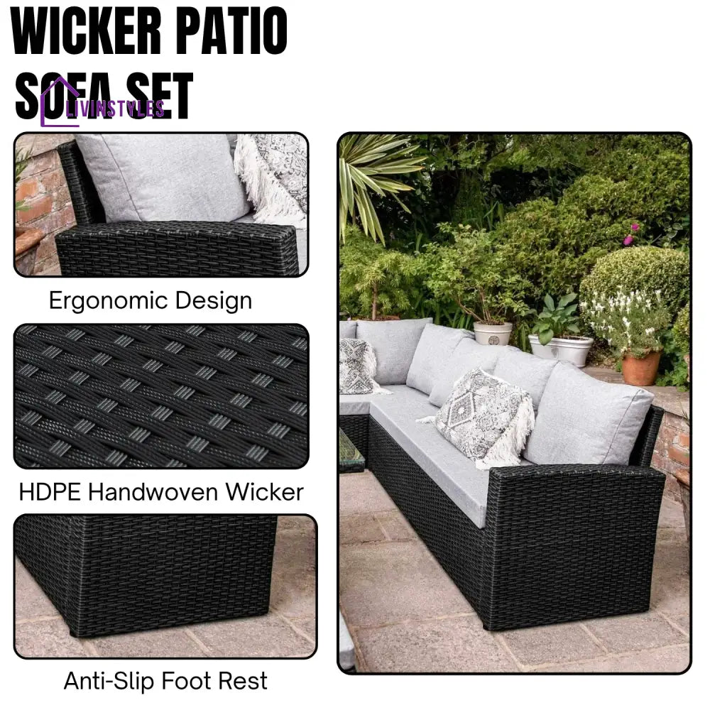 Paulina 6-Piece All-Weather Wicker Patio Furniture Set (Black/Grey) - Sofa Set