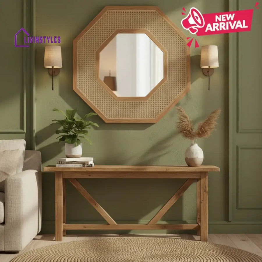 ADOUER WOOD Octagonal Rattan & Wood Wall Mirror – Handcrafted Cane Webbing Accent Mirror – 8-Sided Boho Wall Decor
