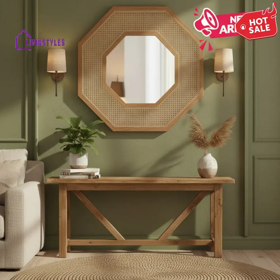 ADOUER WOOD Octagonal Rattan & Wood Wall Mirror – Handcrafted Cane Webbing Accent Mirror – 8-Sided Boho Wall Decor