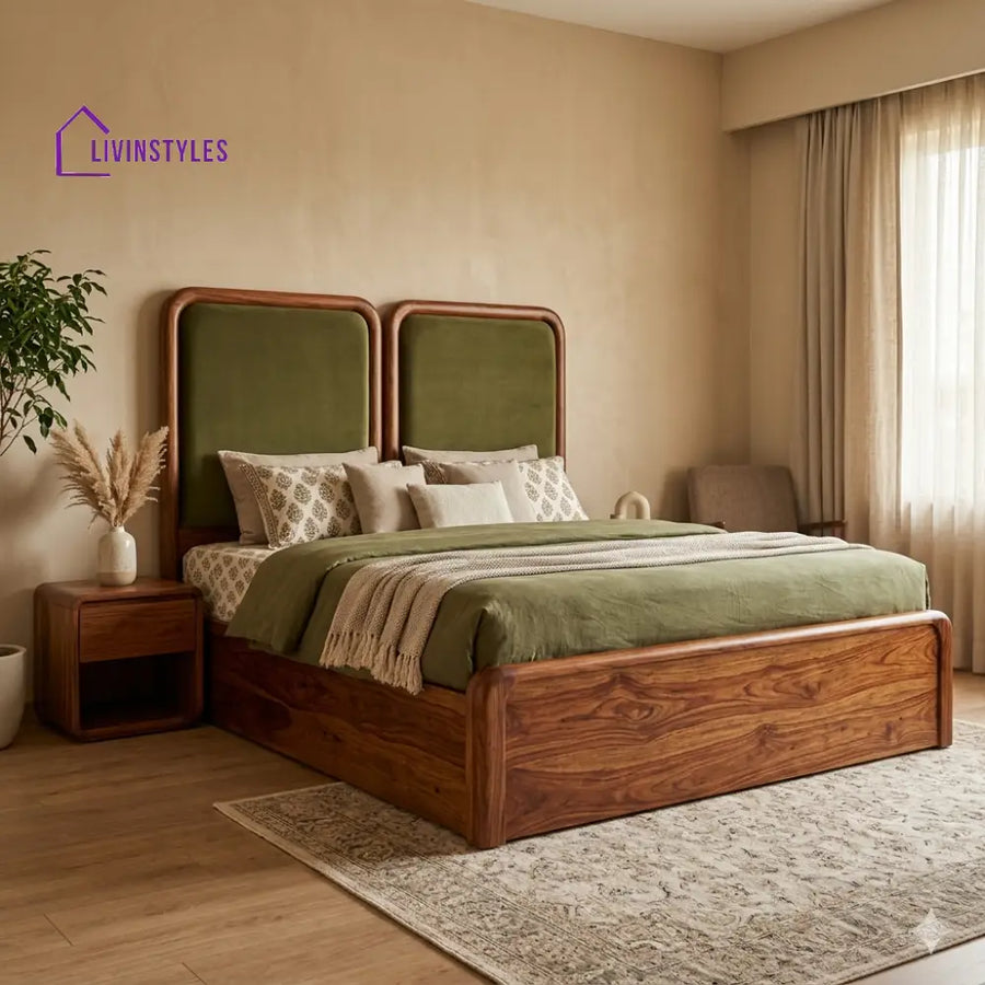 Pavel Premium Sheesham Wood Bed with Velvet Headboard
