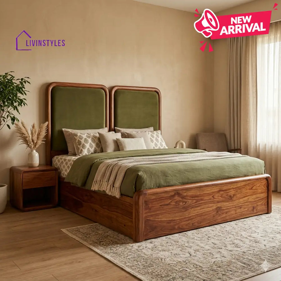 Pavel Premium Sheesham Wood Bed with Velvet Headboard