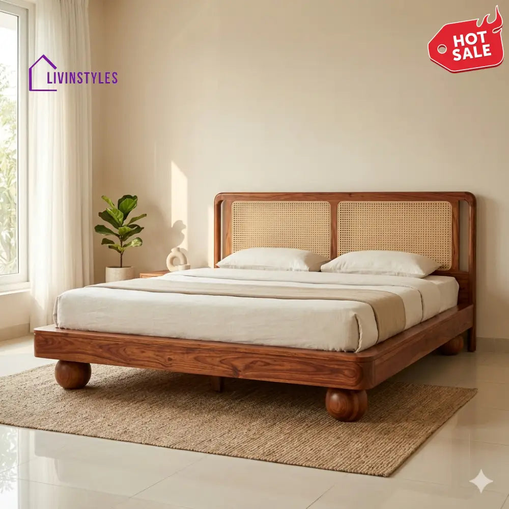 Pavel Sheesham Wood Bed with Ball Shaped Legs and Cane Weaving Headboard