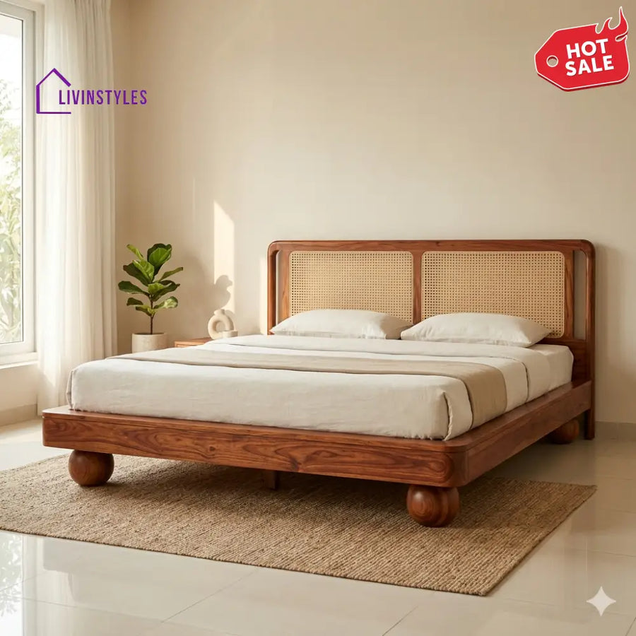 Pavel Sheesham Wood Bed with Ball Shaped Legs and Cane Weaving Headboard