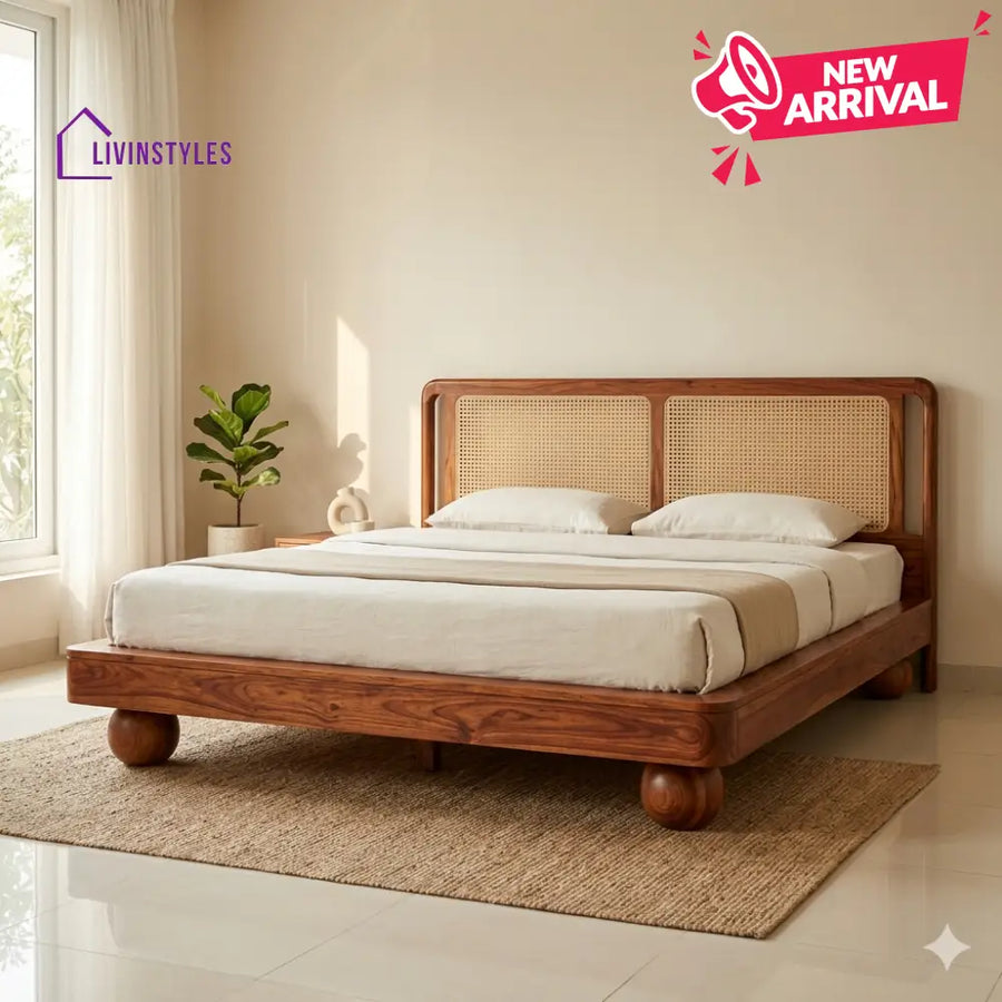 Pavel Sheesham Wood Bed with Ball Shaped Legs and Cane Weaving Headboard