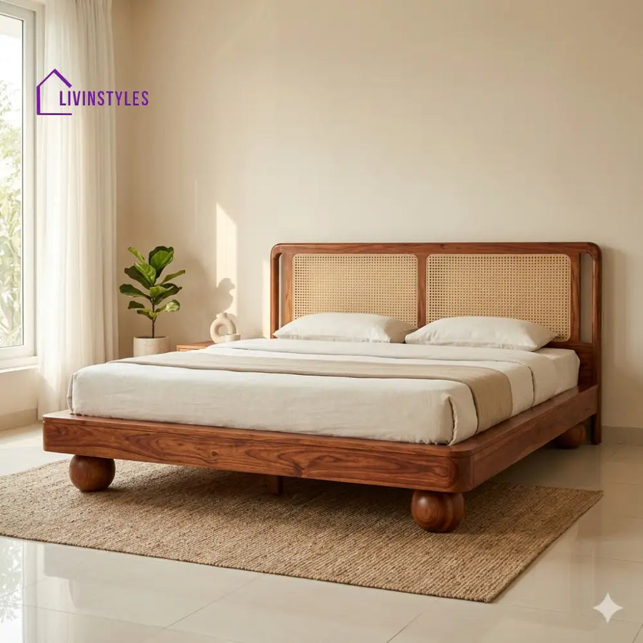 Pavel Sheesham Wood Bed with Ball Shaped Legs and Cane Weaving Headboard