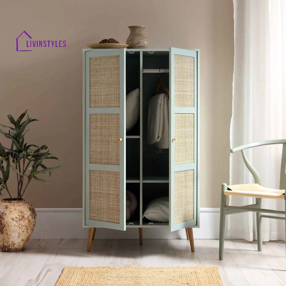 Frances Woven Rattan Compact Double Wardrobe Mint Green Wardrobes
