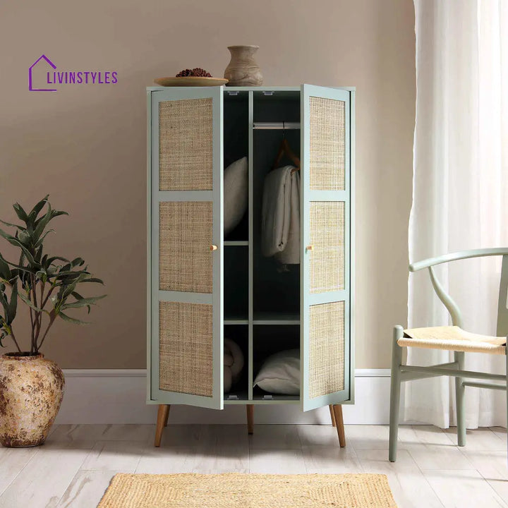 Frances Woven Rattan Compact Double Wardrobe Mint Green Wardrobes