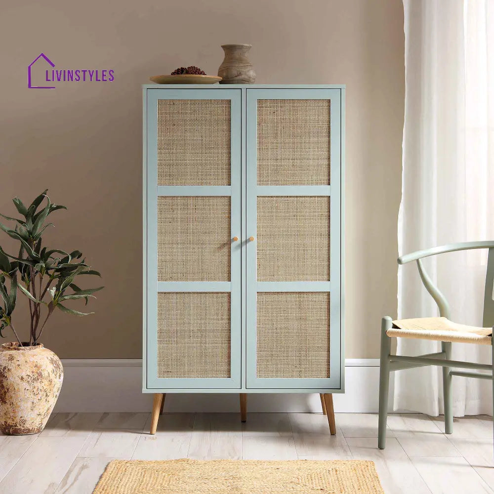 Frances Woven Rattan Compact Double Wardrobe Mint Green Wardrobes