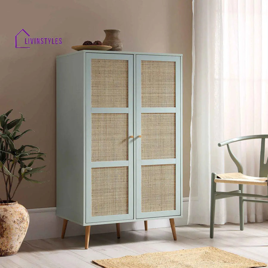 Frances Woven Rattan Compact Double Wardrobe Mint Green Wardrobes