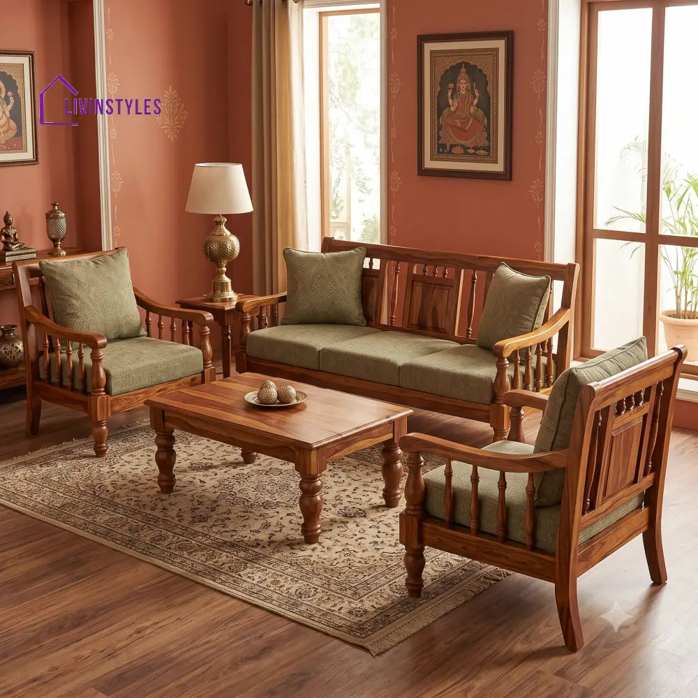 Pavithra Wooden Sofa Set | 3 + 1 + 1 Sheesham Wood Sofa Set for Living Room