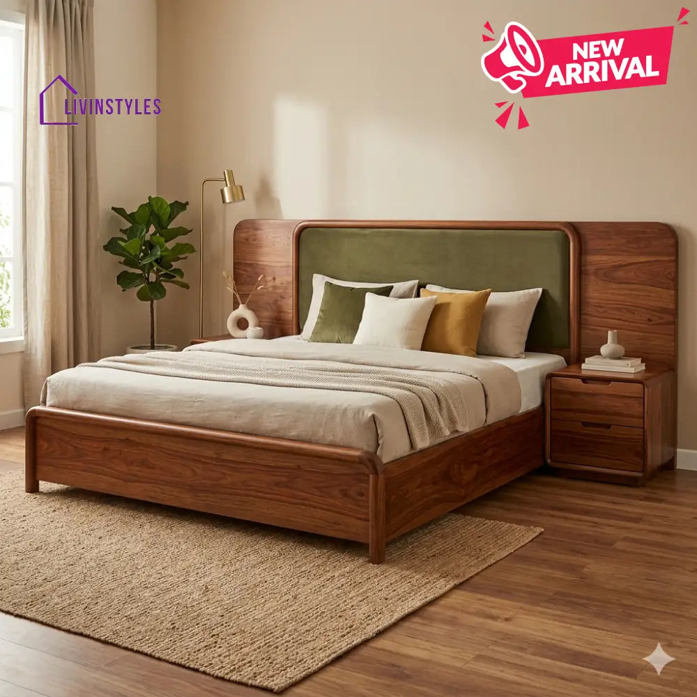 Payal Premium Sheesham Wood Bed with Velvet Headboard