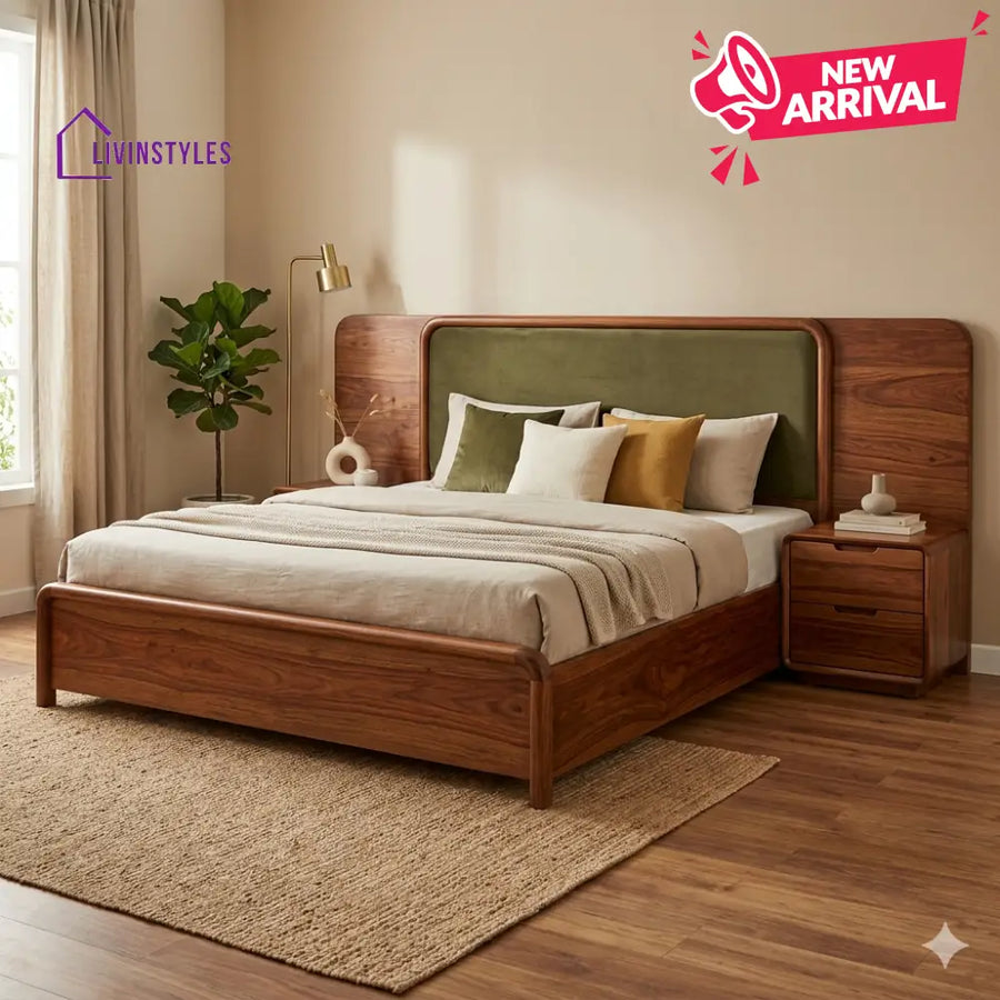 Payal Premium Sheesham Wood Bed with Velvet Headboard