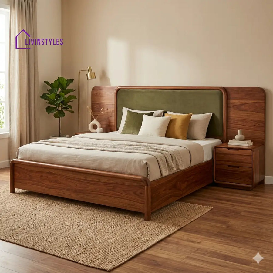 Payal Premium Sheesham Wood Bed with Velvet Headboard
