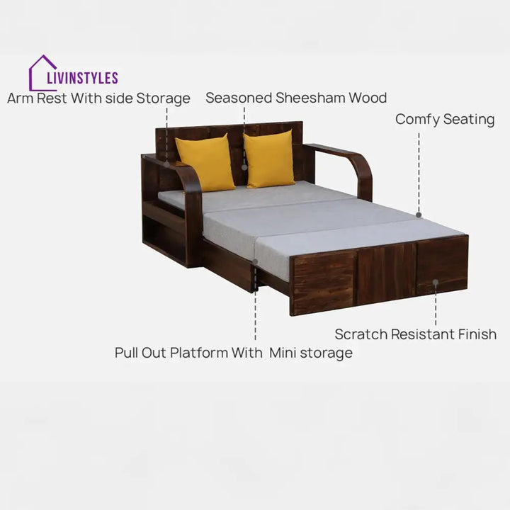Bergen 2 Seater Sofa Cum Bed Sheesham Wood In Teak Finish