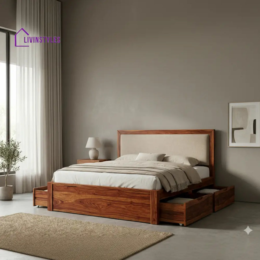 Penelope Premium Sheesham Wood Bed with Fabric Headboard