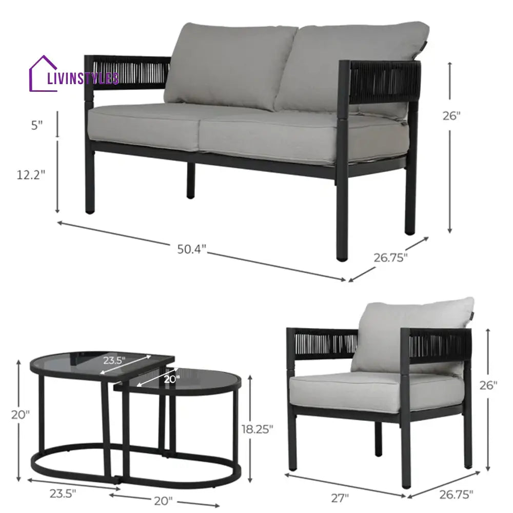 Perpetua Outdoor Sofa Set 2 Seater 2 Single seater and 1 Center Table (Black) - Sofa Sets