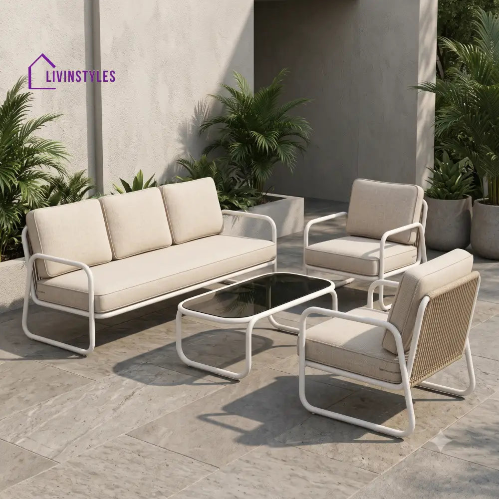 Perrine Metal Frame and Rope Weaving Outdoor Sofa Set 3 + 1 +1 and Coffee Table | Premium Uphostery