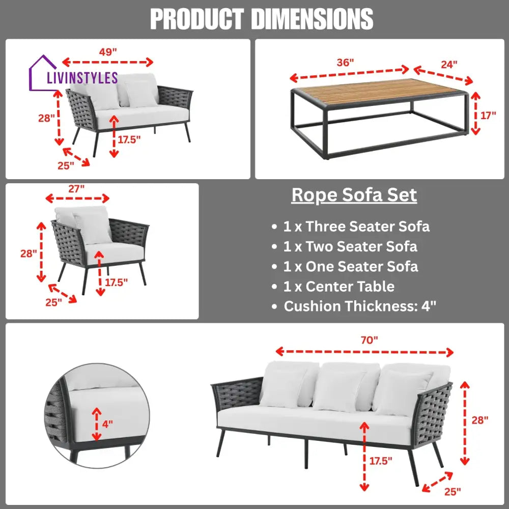 Persephone 4 Piece Outdoor Rope Sofa Set with Wooden Top Table - Sofa Set