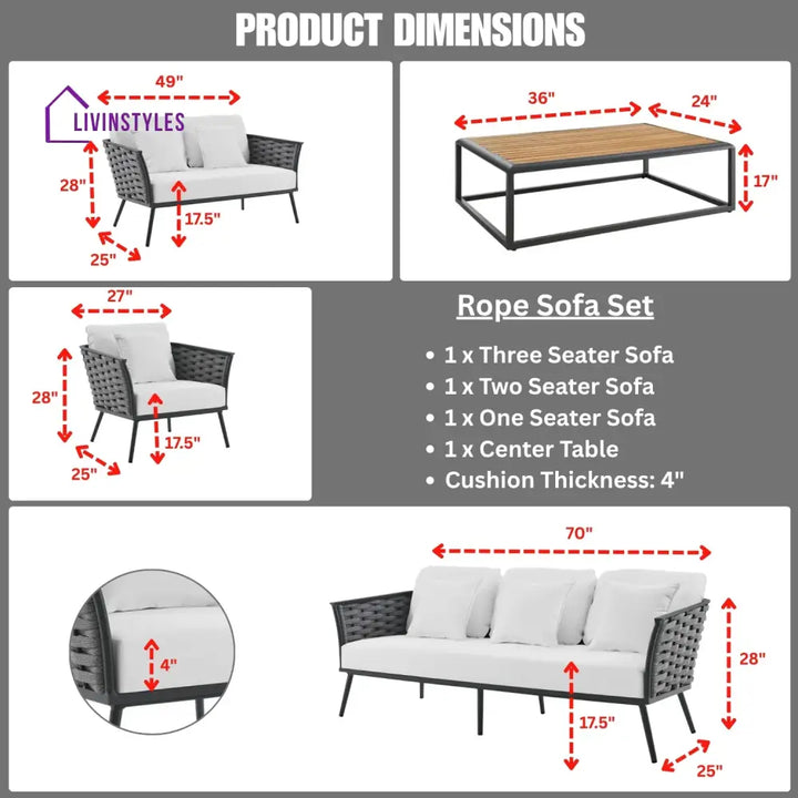 Persephone 4 Piece Outdoor Rope Sofa Set with Wooden Top Table - Sofa Set