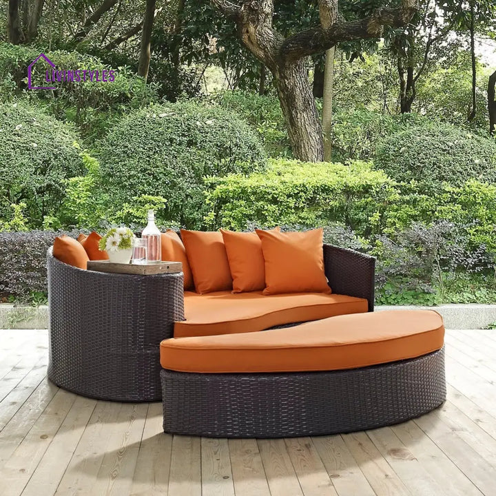 Petra Outdoor Rattan Wicker Daybed (Dark Brown & Orange) - Daybed