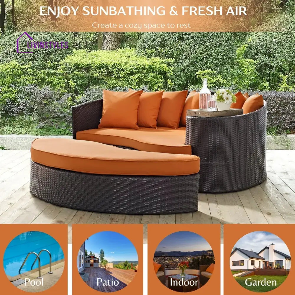 Petra Outdoor Rattan Wicker Daybed (Dark Brown & Orange) - Daybed