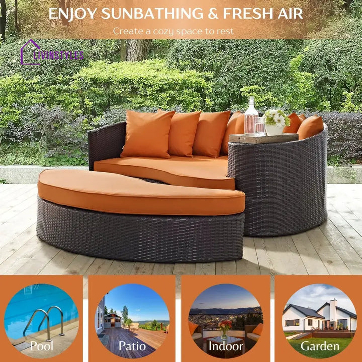 Petra Outdoor Rattan Wicker Daybed (Dark Brown & Orange) - Daybed