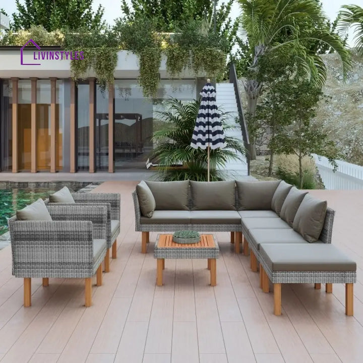 Petya Outdoor Garden Balcony Sofa Set 5 Seater 2 Single Seater 1 Ottoman and 1 Center Table Set (Grey) - Sofa Sets