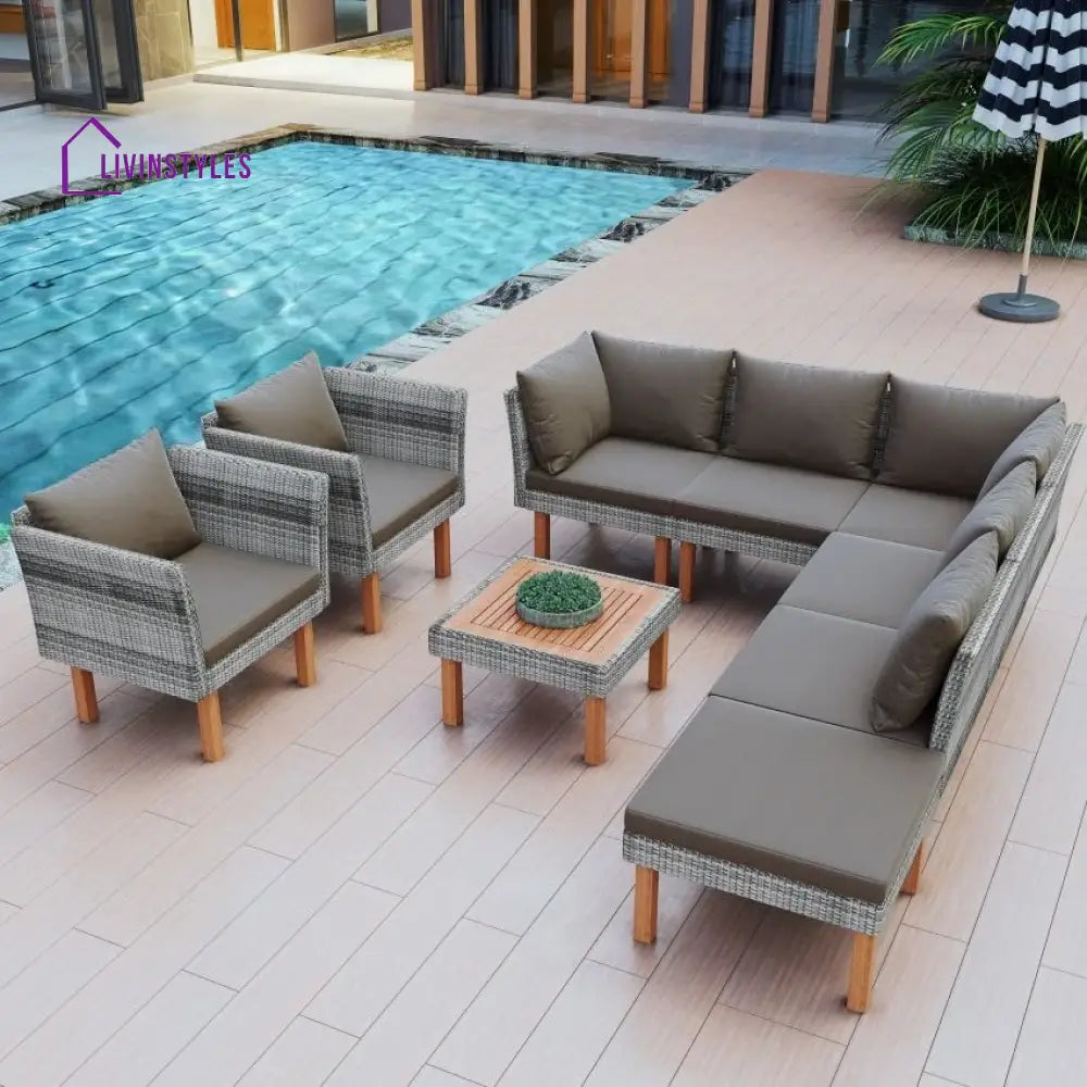 Petya Outdoor Garden Balcony Sofa Set 5 Seater 2 Single Seater 1 Ottoman and 1 Center Table Set (Grey) - Sofa Sets